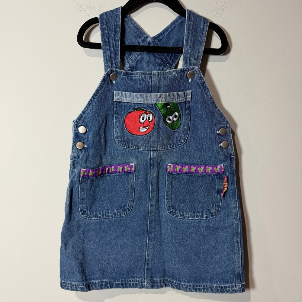 Vtg VeggieTales Kids Denim Girls Jumper Overalls Size 5 Bob And Larry Y2K